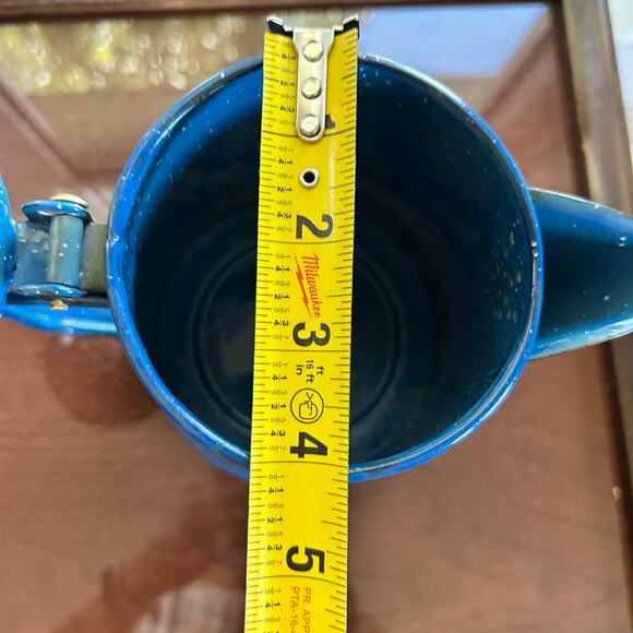 Vintage Tres Troquelles Blue Enamelware Coffee Pot White Spatter Folk  art 1970s - Picture 12 of 13